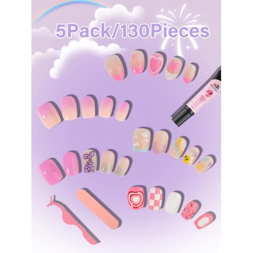 130PCS Kids Press on Nails, TOROKOM Fake Nails Set Short Square Glue on Nails for Girls Gift 8-12 Age, Heart Flower Butterfly Stick on Nails for Kids with Jelly Nail Adhesives & Glue