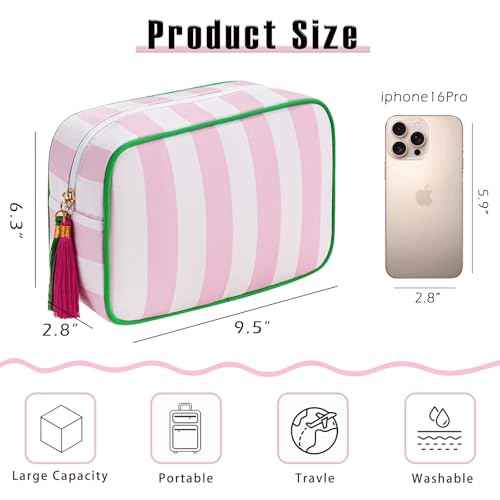Large Stripe Canvas Zipper Makeup Bag,Aesthetic Tassel Travel Cosmetic Bag,Coquette Toiletry Bag, Girls Handbags Purses,Accessories Storage Bag for Women Girls (Pink)
