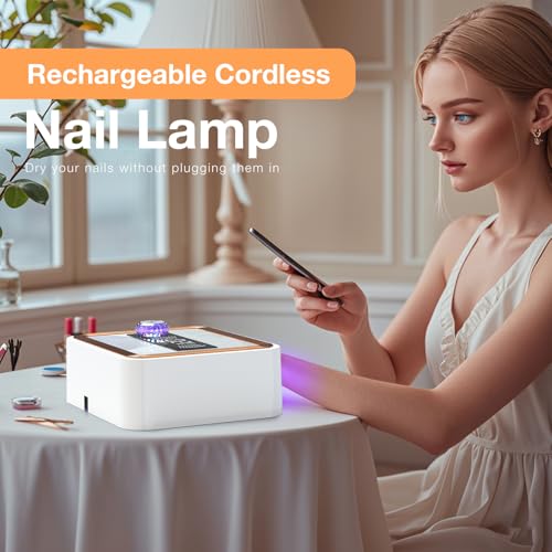 268W Cordless UV Nail Lamp, Rechargeable UV Light for Gel Nails with Unique Knob, Sparkling Rhinestones Diamond & LCD Display Screen, Professional Nail Dryer for Nail Salon & Home (White)