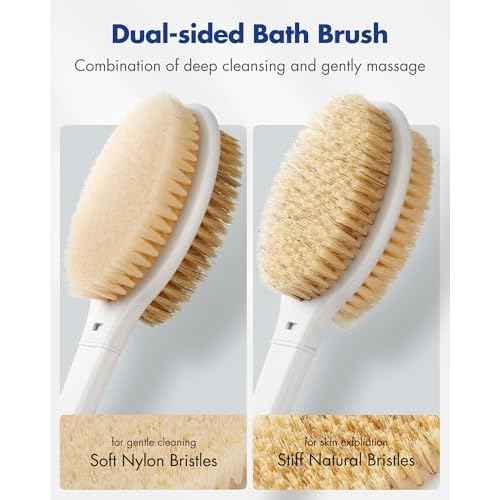 Back Scrubber Body Shower Brush: Anti Slip Long Handle Bath Brush with Stiff and Soft Bristles - Showering Exfoliator Wet or Dry Brushing for Women, Men, Elderly (Blue)