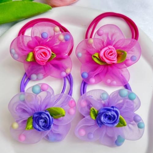 10pcs Upscale Hair Ties with Colored Pretty Flowers Beads Elastic Gauze Hair Bands Hair Accessories for Little Girls Kids Toddlers (5 Pairs)