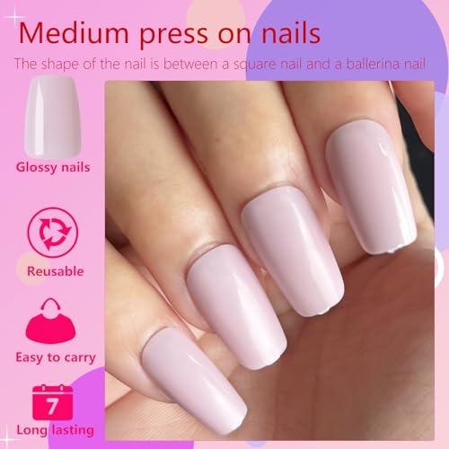 AddFavor 300pcs Coffin Press on Nails Medium Fake Nails Glossy Light Pink Nails Ballerina Square Nail Press on Acrylic False Nail for Women Girls