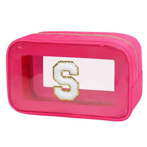 Gloppie Initial Clear Makeup Bag - Preppy Cosmetic Travel Toiletry Bag With Chenille Letter S - Gift for Women