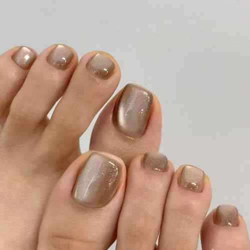 Cat Eyes Press on Toenails Short Toe Nail Press ons Square Fake Toe Nails Brown Acrylic Toenails Glossy False Toenails Daily Wear Natural Stick on Toenails for women 24Pcs