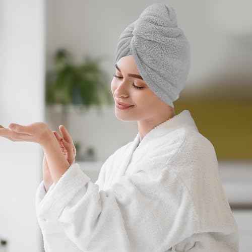2 Pack Microfiber Hair Towel Wrap for Women Super Absorbent Quick Dry Hair Turban for Drying Curly, Long & Thick Hair 10 inch X 26 inch Lightgrey+Lightgrey