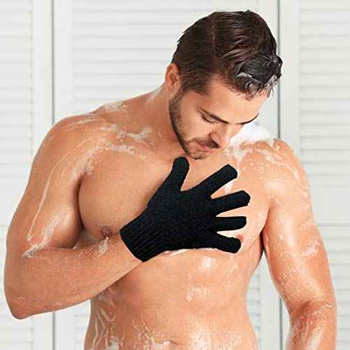 Bath Exfoliating Gloves - 4 Pcs Lengthened and Large Scrubbing Gloves for Shower, Spa, Massage - Scrub Mitts for Body, Face, Hand and Foot (Black and Gray)
