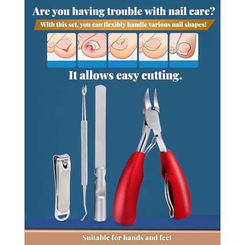 Nail Clippers Set,Toe Nail Clippers for Ingrown & Thick Toenails,Toe Nail Clippers for Thick Nails for Seniors Men Women,Professional Heavy Duty Toenail Clippers with Stainless Steel 4Pcs (red)