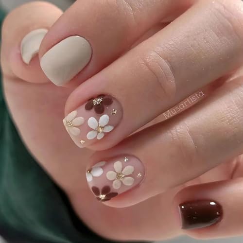 Press on Nails Short Square Fake Nails with Flower Designs Simple Glue on Nails Full Cover False Nails Press ons Acrylic Glossy Stick on Nails for Women Girls 24 Pcs