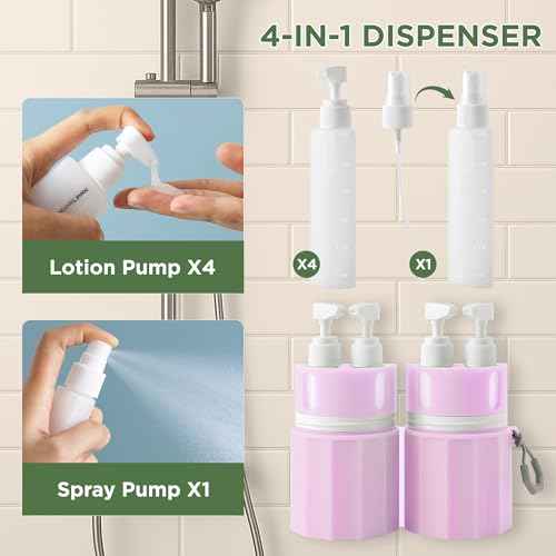 4-in-1 Travel Bottles for Toiletries, TSA Approved Travel Size Toiletries, Leak Proof Refillable Travel Size Shampoo and Conditioner Sets with Wall-Mountable Suction Cup, Pink