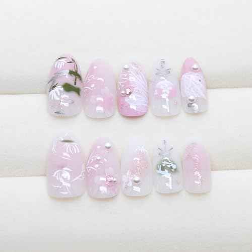 24Pcs Floral Almond Press on Nails Short Light Pink Fake Nails Cute French Nails Press ons Flower Full Cover Stick on Nails Almond Shape False Nails Tip Pearl Nails for Women Daily Wear Manicure Kit