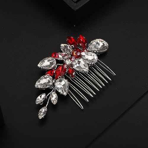 Teyglen Silver-Red Rhinestone Wedding Hair Comb, Alloy+Rhinestones+Crystal, Sparkly Rhinestone Style, Hair Accessories for Women and Girls