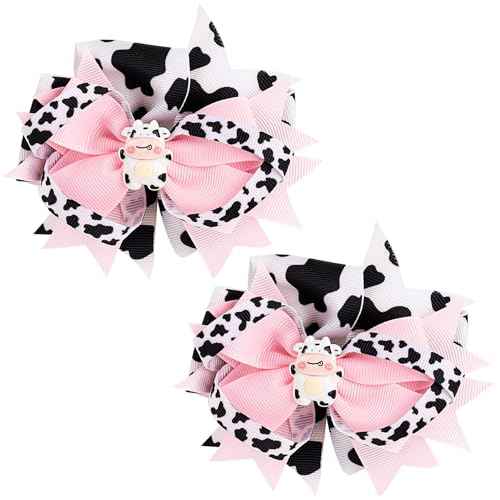 Framendino, 2 Pack Pink Cow Print Hair Bow Clips Bows Grosgrain Ribbon Alligator Moo Bowknot Barrettes Pins for Accessories