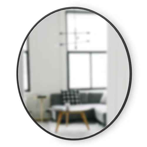 Umbra Hub Round Wall Mirror with Rubber Frame, Modern Style for Bathroom, Entryway, Living Room and More, 37-Inch, Black
