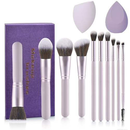 Gift Ready 10 Piece Purple Makeup Brushes Set and 2 Piece Makeup Sponge ? Wooden Handle with Soft Synthetic Bristles, Concealer, Powder ? (Ideal for Christmas, Birthday, Women)