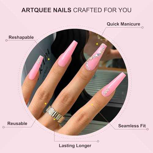 Artquee 24Pcs Pink Coffin Press on Nails Long Fake Nails with Rhinestones Design Reusable False Nail Art Manicure Stick on Nails Kit for Women