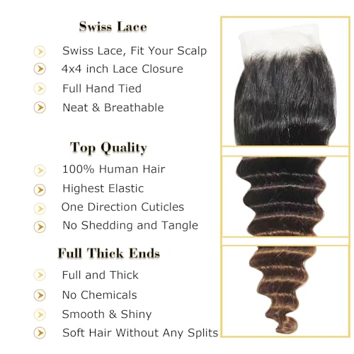 1B/2/30 Ombre Bundles With 4x4 Closure Loose Deep Wave Human Hair 12 14 16+12 Inch,10A Brazilian Hair Ombre Chestnut Brown Curly Wave Sew In Bundles and 4x4 Lace Closure