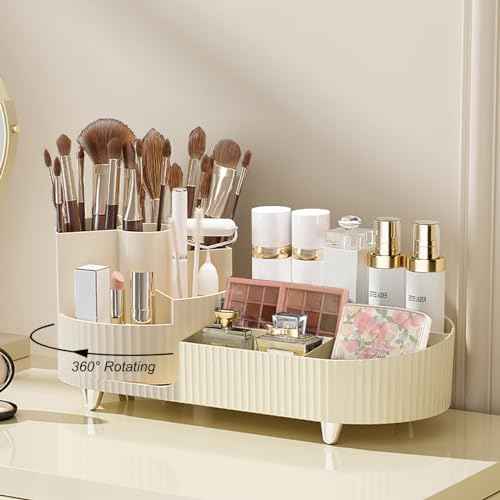 Makeup Organizer Countertop Rotating Makeup Organizer for Vanity Large Capacity Cosmetic Display Case with Makeup Brush Holder Cosmetic Organizer Countertop£¨Cream£©