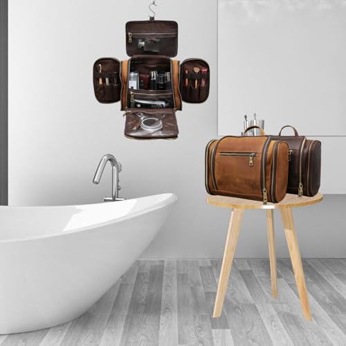 Hanging Toiletry Bag,Personalized Genuine Leather Shaving & Dopp Kit Bag for Men & Women,Travel Organizer for Toiletries,Best Man Gift,Wedding Gifts (Brown)
