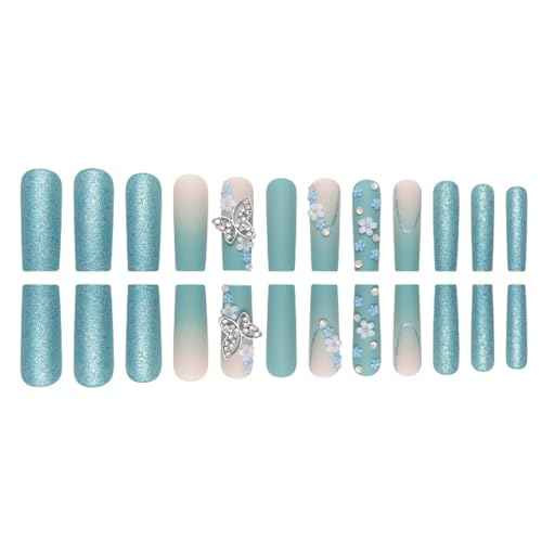 Gradient Press on Nails Matte Fake Acrylic Long Blue Nails Square French Full Cover Butterfly Fake Nails for Women and Girls 24PCS