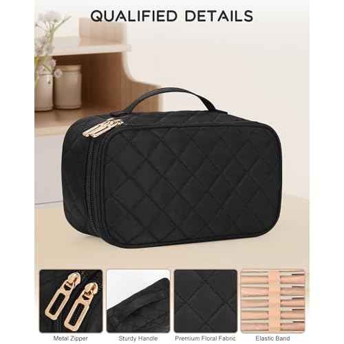 Relavel Makeup Bag, Small Makeup Bag for Women, Travel Cosmetic Bag, 2 Layers Waterproof Makeup Organizer Storage with Makeup Brush Holder, Black