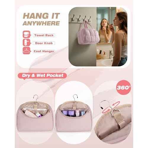 Travel Toiletry Bag for Women with Hanging Hook, Water Resistant Puffy Makeup Organizer with Leak Proof Pockets for Toiletries and Cosmetics - Pink (Bag Only)