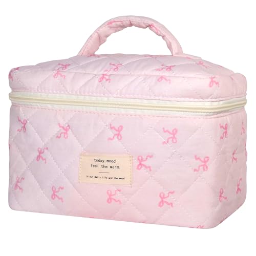 Large Makeup Bag, Cute Cosmetic Bags for Women Girls, Quilted Floral Toiletry Bag, Travel Make Up Organizer Bag