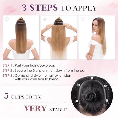 S-noilite One Piece Hair Extensions Clip in Human Hair 5 Clips 3/4 Full Head Clip on Remy Hair Extension for Women,One-Piece Design Adding Hair Volume 24 Inch 60g #Dark Blonde
