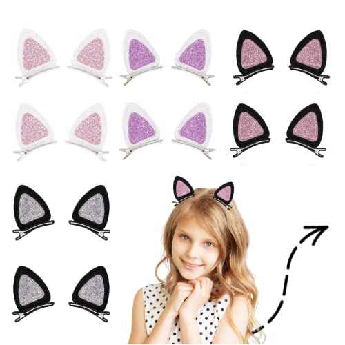 16 Pcs Cat Ears Hair Clips for Girls Cat Themed, Toddlers Animal Hair Pins Glitter Accessories for Girls Hair Clips Kids Easter Halloween Costume Party Supplies