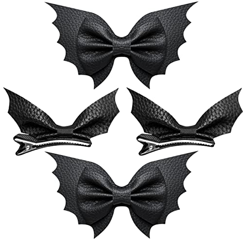 Halloween Bat Hair Bow Clips 4pcs Black PU Leather Alligator Barrettes for Teen Toddler Girls Women Kids Goth Cosplay Costume Decoration Accessories Party Favor Gift