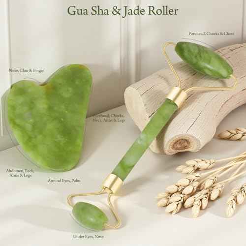 Real Perfection Gua Sha Facial Tools Face Roller for Wrinkles Jade Roller and Gua Sha Set, Scrubber Pore Brush Headband Skin Care Tools for Travel Skincare Routine Massaging Reducing Puffiness - Green