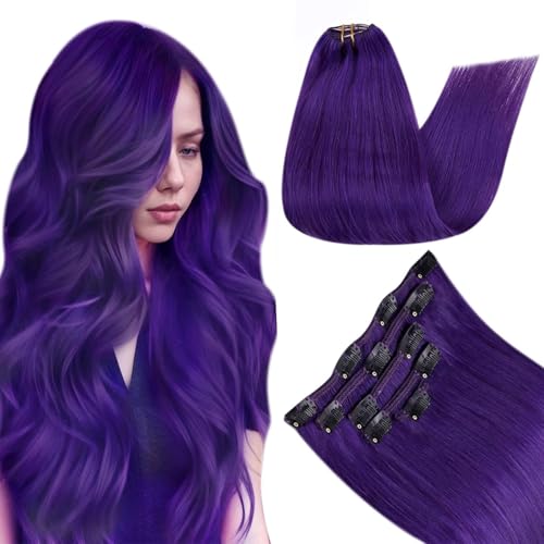 RUNATURE Purple Clip in Hair Extensions Human Hair 18 Inch 70g Full Head Colored Purple Hair Extensions Clip Ins for Women Real Remy Hair Double Weft Fashion Color
