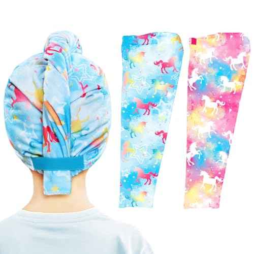 WAWSAM 2 Pack Kids Hair Drying Towel Wrap - Microfiber Hair Towel for Girls, Quick Dry Hair Cap with Button & Elastic Loop(Pink&Blue)