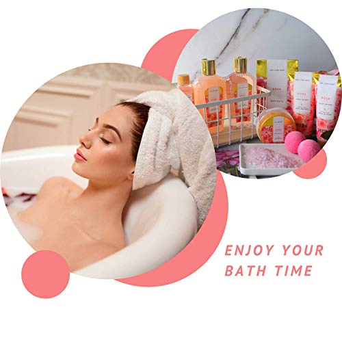 Spa Luxetique Gifts for Women - 10pc Rose Spa Basket, Deluxe Spa Tote Bag Bath Set with Wooden Handle, Bath Salt, Hand Soap, Body Butter, Christmas Gifts for Women