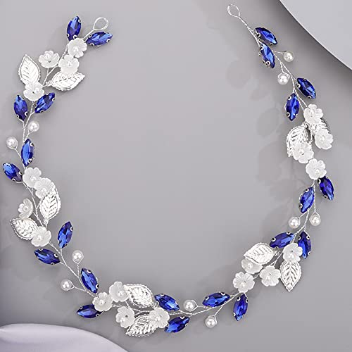 Flower Leaf Crystal Wedding Hair Vine for Bride Bridesmaid Pearls Crystal Hair Accessories for Women and Girls Blue