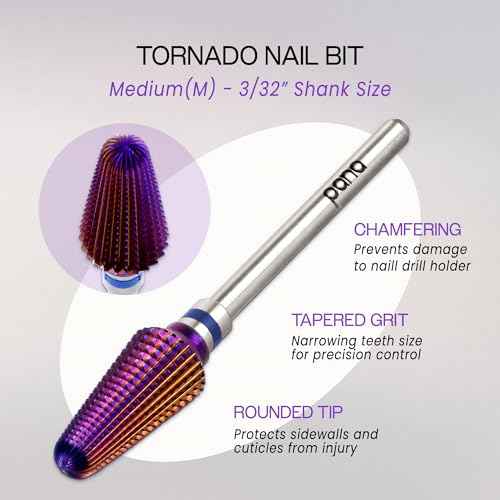 PANA 3/32" Purple Tornado Carbide Nail Drill Bit for Acrylics, Nail Extension, Gel Polish Removal Nail Salon Manicure Pedicure Electric File Tools (Medium - M)