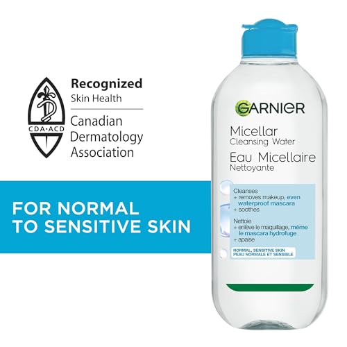 Garnier Micellar Water For Waterproof Makeup, Hydrating Facial Cleanser & Makeup Remover, Suitable for Sensitive Skin, Vegan, Cruelty Free, 13.5 Fl Oz (400mL), 1 Count