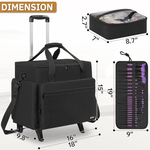 Extra Large Rolling Makeup Case with 4 Removable Pouches, Professional Cosmetic Bag with Wheels, Travel Make up Bag for Makeup Artist Hairstylists Nail with Detachable Trolley
