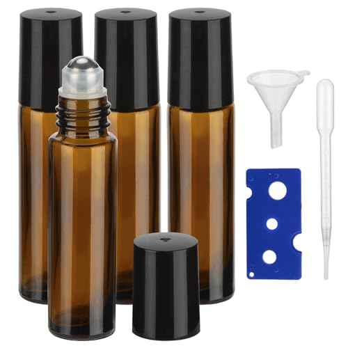 10ML Essential Oil Roller Bottles, 4 Pack Brown Oil Roller Bottles for Essential Oils, Roll on Bottle with Stainless Steel Balls(4 Labels, Opener, Funnel, Dropper Included)