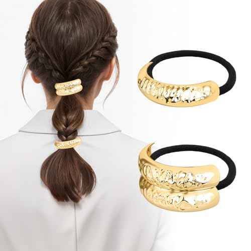 2PCS Metal Hair Tie For Women,Gold Cuffs,Metal Geometric Gold Hair Ties, Hair Accessories Stretchy and Non-Damage Ponytail Holders,Ponytail Cuff Hair Bands For Hair Styling(SET7)