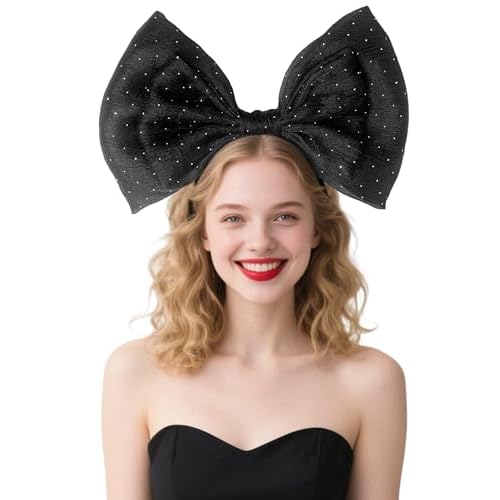 Big Black Bow Headband - Glitter Bows Headpiece for Women Girls, Cute Bowknot Hair Accessories for Birthday Halloween Christmas Cosplay Party Costume Derss Up