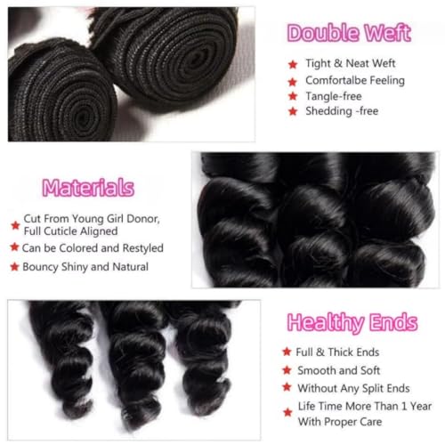 Loose Wave Bundles Human Hair Short Brazilian Virgin Human Hair Loose Wave Natural Black Color Can Be Dyed and Styled 3 Weave Bundles Total 300g 14 16 18 Inch