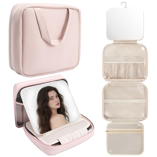 GLINT & GLIDE Travel Makeup Bag with Mirror-Hanging Toiletry Large Capacity, Organizer Toiletries Bag, Portable Cosmetic Case for Women and Girls, Pink