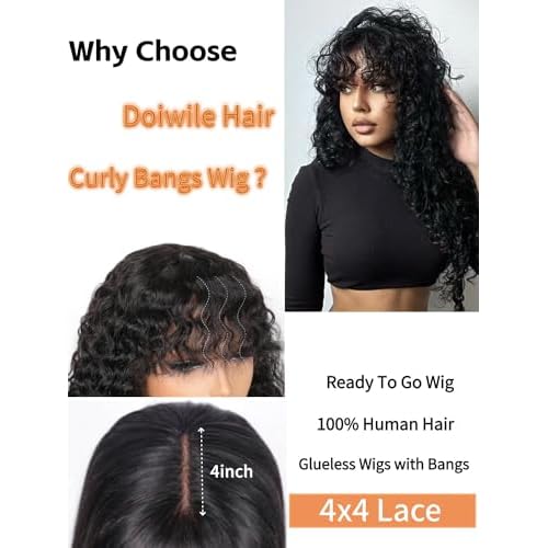 Shaggy Haircuts Curly Human Hair Wig with Bangs 4x4 HD Lace Closure Wig with Bangs Human Hair Wear and Go Glueless Wigs for Black Women 20inch