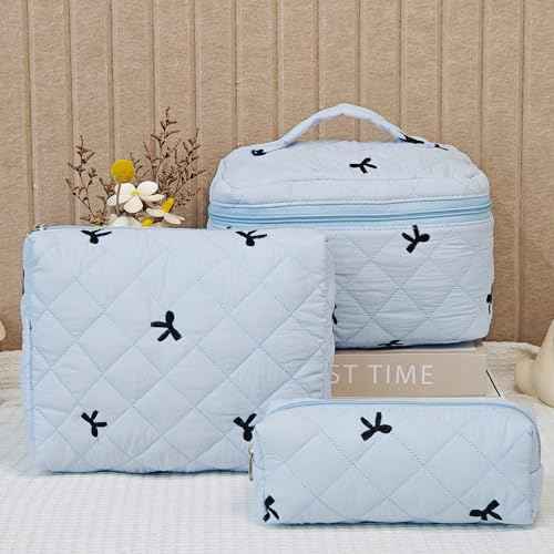 3Pcs Quilted Makeup Bag, Cute Floral Cotton Cosmetic Bag set, Coquette Bow Makeup Pouch Large Travel Toiletry Bag