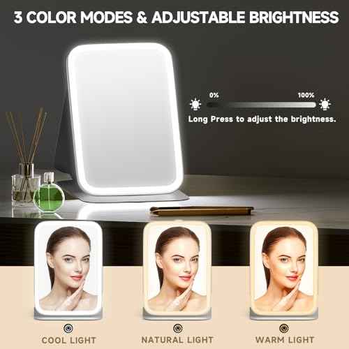 Mocado Travel Makeup Mirror with Lights, 360 Rotation, 10x Magnification, 60LEDs 3 Color Lightings, Dimmable Touch Screen, Tabletop Light up Mirror (Black)