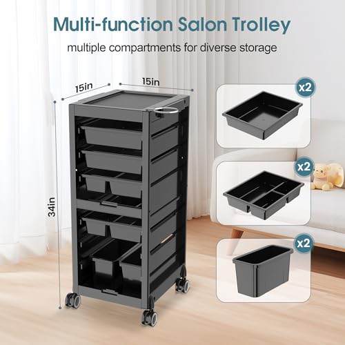 Salon Trolley Salon Cart on Wheels Rolling Tray Large Storage Salon Trolley W/Hair Dryer Holder, 4 Remove Drawers, 2 Buckets for Salon Spa Store