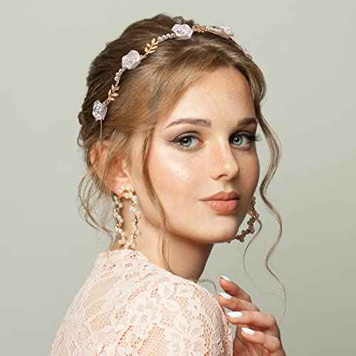 OIIKI 2Pcs Rose Hairband for Women, Metal Gold White Flower Floral Headbands, Pearl Hair Band Headpiece Hair Jewelry Accessories for Women Bride Valentine Wedding Engagement Birthday Christmas