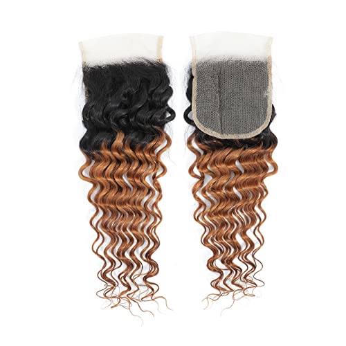 Ombre Deep Wave Human Hair 3 Bundles With 4x4 Lace Closure 1B/30 Brown Curly Bundles with Closure Unprocessed Brazilian Virgin Human Hair Extensions For Women (T1B/30,14 16 18+12)