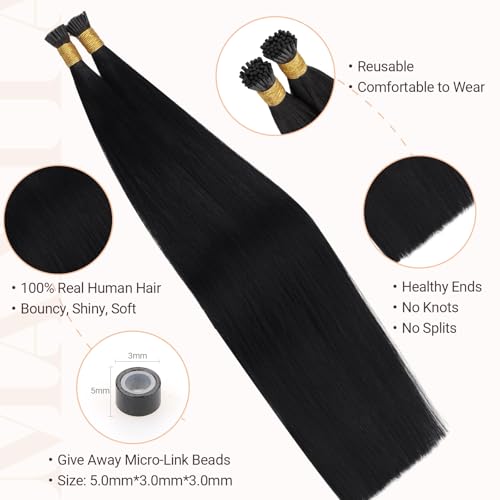 MAXITA I Tip Hair Extensions Human Hair,Jet Black 100g/50s 18 Inch, Comfortable Wear, 100% Remy Human Hair, Real Human Itip Keratin Hair Extensions