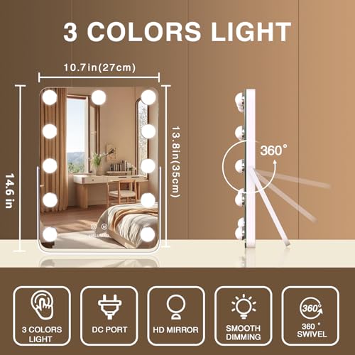 14.6" Vanity/Makeup Mirror with Lights, Hollywood Mirror with 11 Dimmable LED Bulbs,3 Color Modes,Touch Control